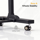 Close-up of the Mount-It! Mobile Lectern Stand Up Desk’s black base with wheels and locking casters, featuring text “Base & Wheels Stability” and “Locking Casters” on a white background.