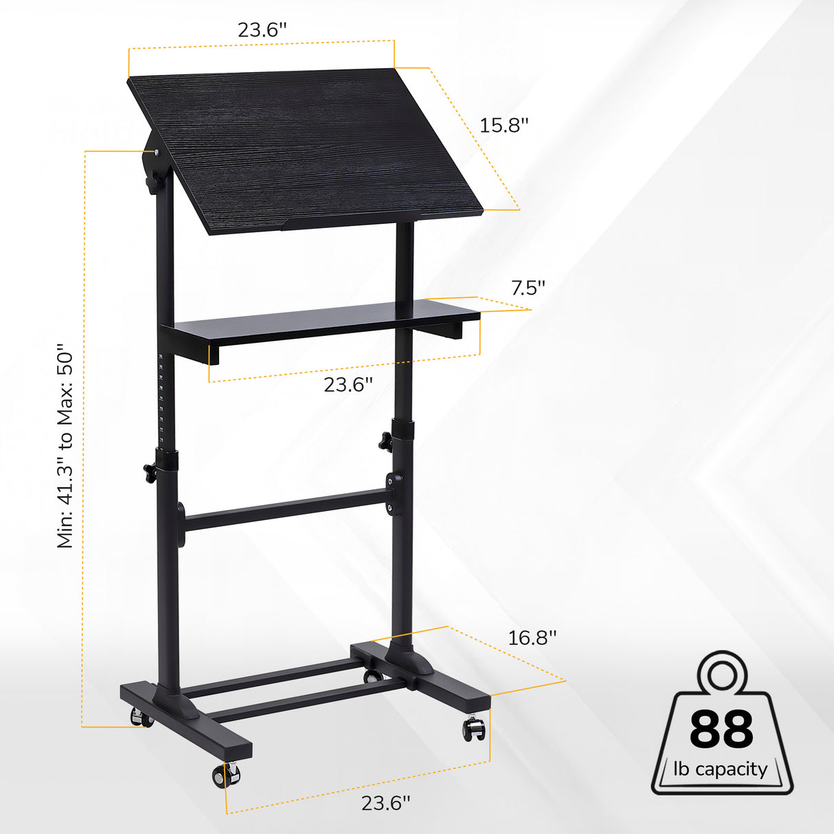 The Mount-It! Mobile Lectern Stand Up Desk features a black, slanted tabletop (23.6"x15.8"), lower shelf (23.6"x7.5"), adjustable height (41.3"-50"), sturdy base (23.6"x16.8"), 88 lb capacity, and wheels for easy mobility—perfect as a portable workstation or lectern.
