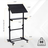 The Mount-It! Mobile Lectern Stand Up Desk features a black, slanted tabletop (23.6"x15.8"), lower shelf (23.6"x7.5"), adjustable height (41.3"-50"), sturdy base (23.6"x16.8"), 88 lb capacity, and wheels for easy mobility—perfect as a portable workstation or lectern.