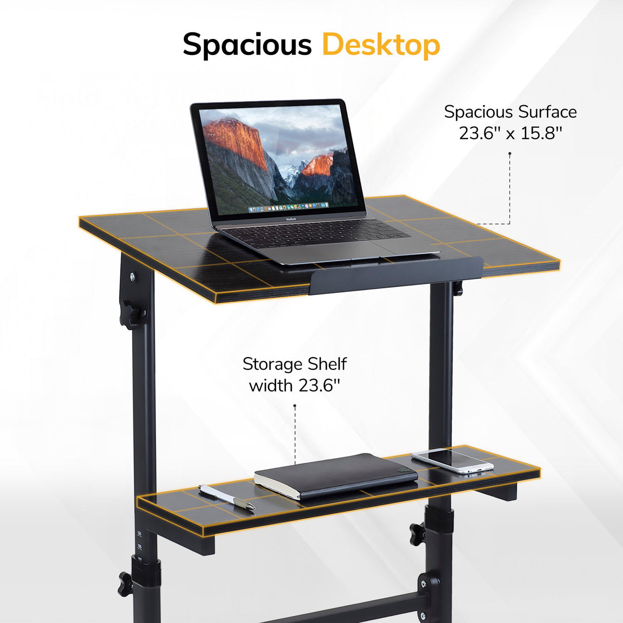 The Mount-It! Mobile Lectern Stand Up Desk features a spacious 23.6" x 15.8" desktop for your laptop and a lower 23.6"-wide shelf for essentials, offering versatile sit-stand workstation benefits on a sleek, light background.