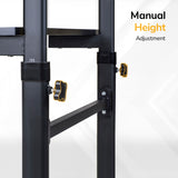 Close-up of a black metal frame with yellow-rimmed knobs on the Mount-It! Mobile Lectern Stand Up Desk, highlighting its manual height adjustment. Text reads "Manual Height Adjustment" on a white background.