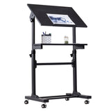 The Mount-It! Mobile Lectern Stand Up Desk is a black, height-adjustable drafting table on wheels with a tilted work surface for papers, a flat shelf with pencil holder and jar, suitable as a podium or desk, shown on a white background.