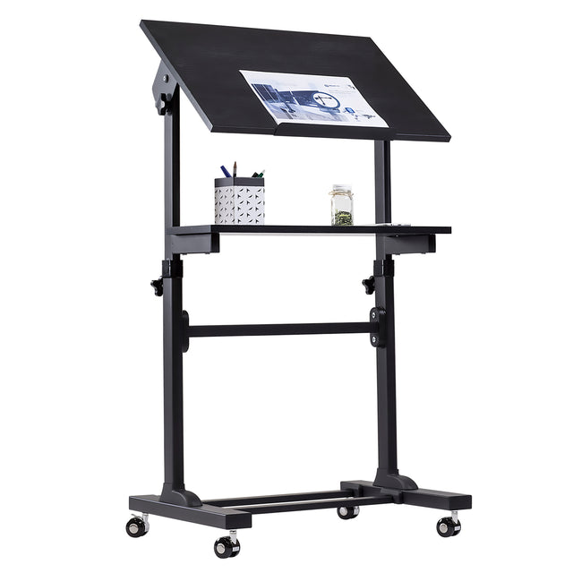 The Mount-It! Mobile Lectern Stand Up Desk is a black, height-adjustable drafting table on wheels with a tilted work surface for papers, a flat shelf with pencil holder and jar, suitable as a podium or desk, shown on a white background.
