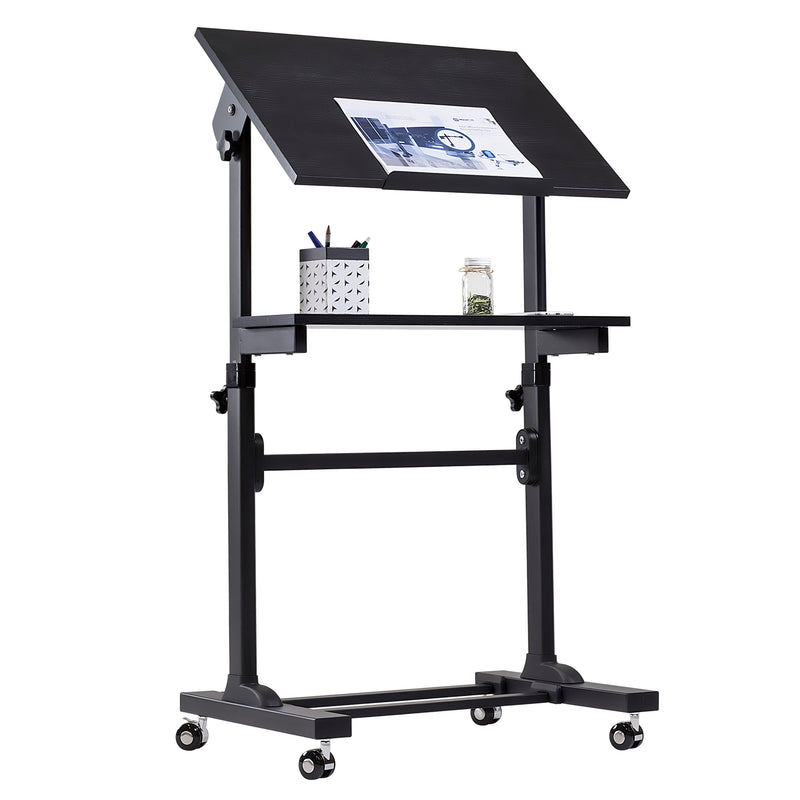 The Mount-It! Mobile Lectern Stand Up Desk is a black, height-adjustable drafting table on wheels with a tilted work surface for papers, a flat shelf with pencil holder and jar, suitable as a podium or desk, shown on a white background.
