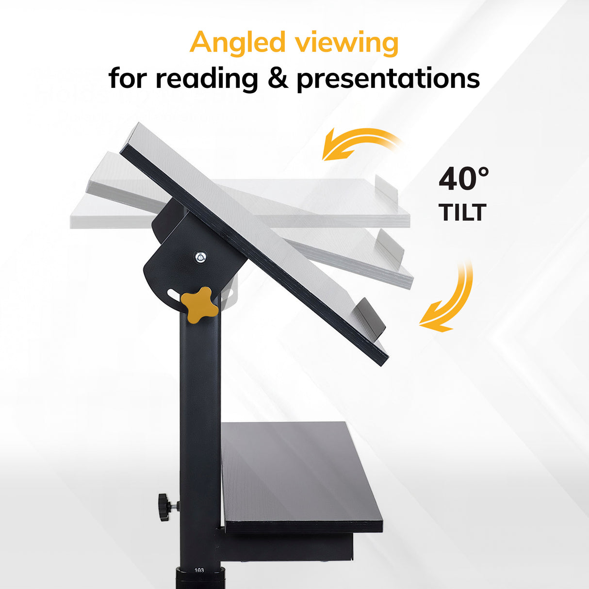 Side view of the Mount-It! Mobile Lectern Stand Up Desk with a tilting surface up to 40°, arrows show tilt range. Text: Angled viewing for reading & presentations, ideal for a versatile sit-stand workstation.