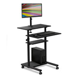 The Mount-It! Rolling Computer Work Station with Monitor Mount in black features a mobile cart with monitor stand, keyboard and mouse space, a shelf for your desktop tower, and four wheels for easy mobility.