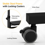 Close-up of the Mount-It! Rolling Computer Work Station with Monitor Mount, featuring a black steel frame, wide base, telescoping columns for adjustable height, and large locking caster wheels. Inset zooms in on the height adjustment feature.