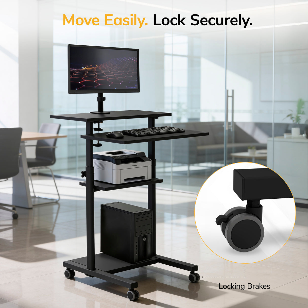 The Mount-It! Rolling Computer Work Station with Monitor Mount holds a monitor, keyboard, printer, and computer tower. An inset shows a locking brake on a desk wheel. Text reads: Move Easily. Lock Securely.