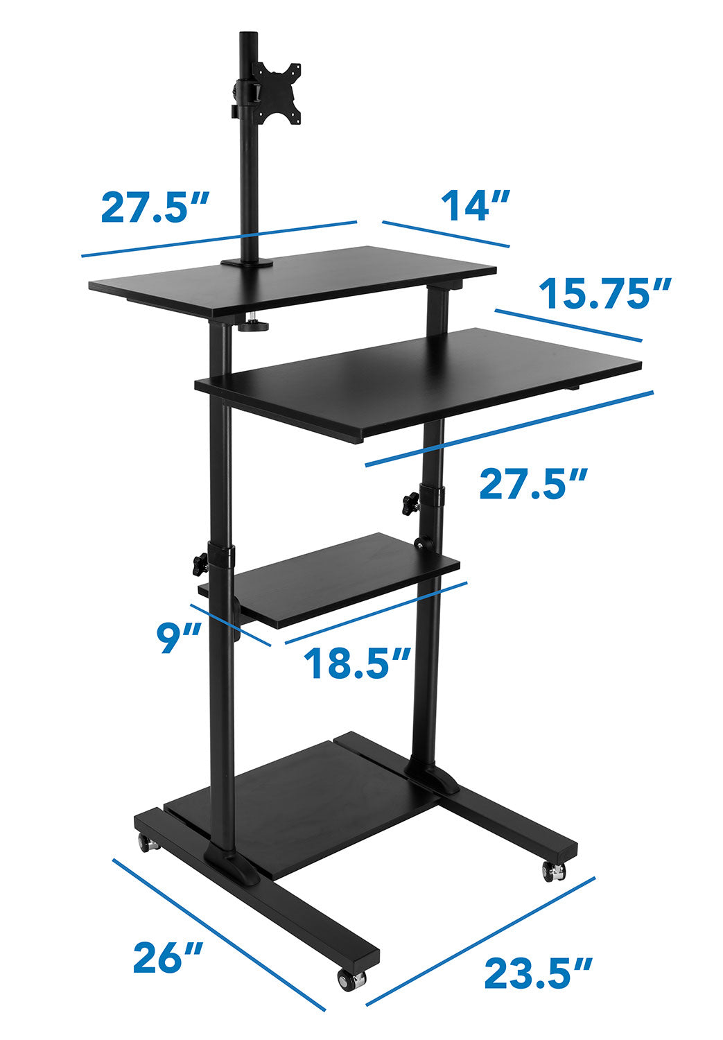 The Mount-It! Rolling Computer Work Station features three black shelves, a monitor mount, and wheels. Dimensions for each shelf and the base are marked in blue text, making it an ideal mobile laptop workstation.