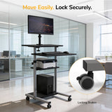 The Mount-It! Rolling Computer Work Station with Monitor Mount features a monitor, keyboard, printer, and tower. Text: Move Easily. Lock Securely. Close-up shows wheel with locking brakes. Great as a laptop workstation or monitor stand.