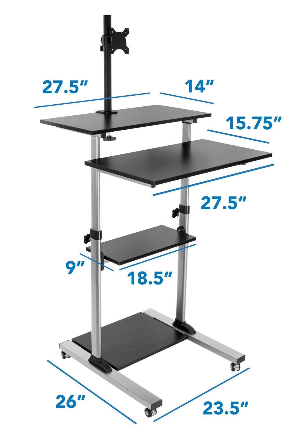 The Mount-It! Rolling Computer Work Station features a black and silver design with three shelves, a monitor mount, and clearly labeled dimensions for each surface and the base, showing widths and depths in inches.