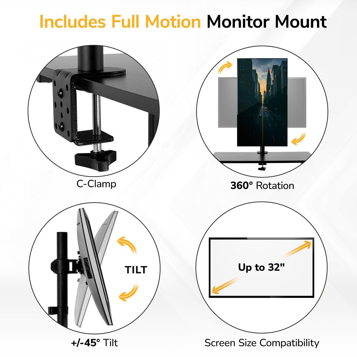 Infographic featuring the Mount-It! Rolling Computer Work Station with Monitor Mount, offering a C-clamp, 360° rotation, ±45° tilt, and support for screens up to 32"—ideal for upgrading your laptop setup.