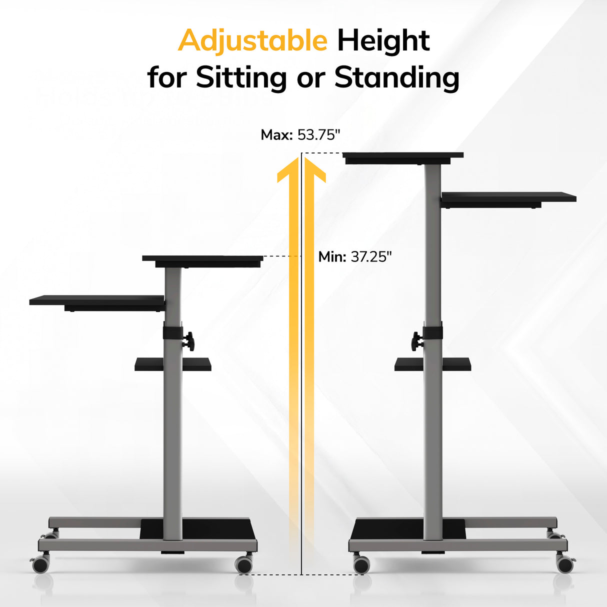 Graphic displays two Mount-It! Rolling Computer Work Stations with Monitor Mount at 37.25" and 53.75" heights, highlighting adjustable height for sitting or standing; ideal as a mobile computer cart or laptop workstation on a white background.