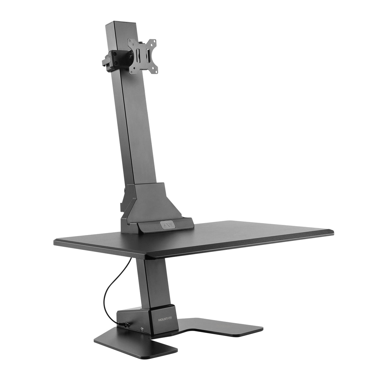 Black adjustable desk converter with monitor stand on a white background