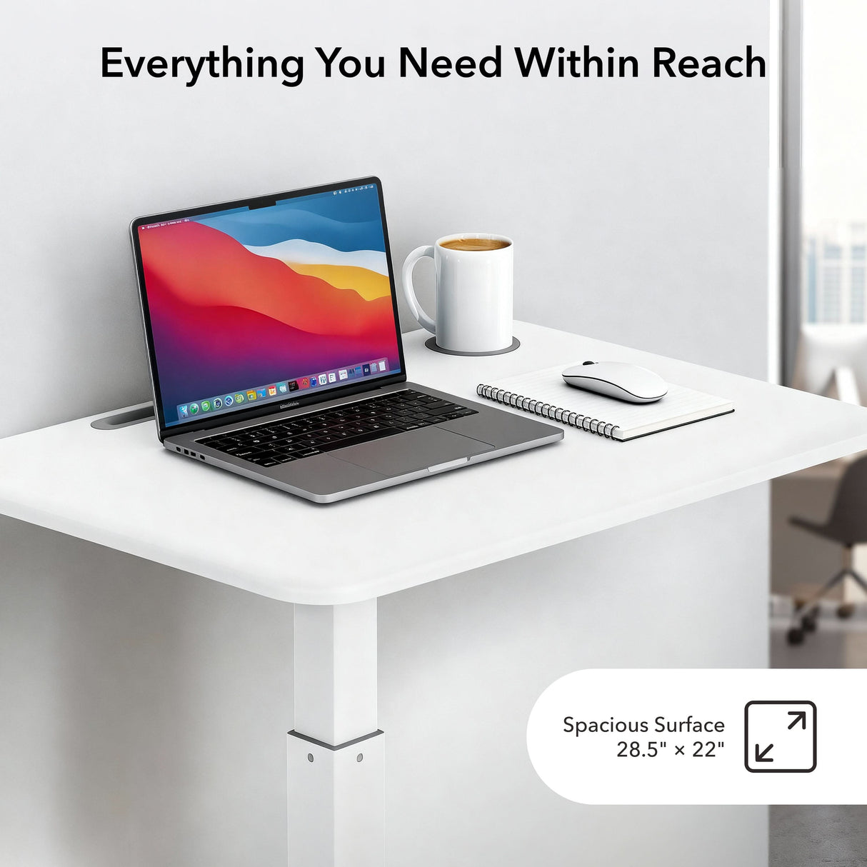 The Sit-Stand Mobile Laptop Cart by Mount-It! features a spacious 28.5 × 22" white surface, perfect for your laptop, coffee mug, wireless mouse, and notebook. Clean, modern design keeps everything you need within reach and is height adjustable.