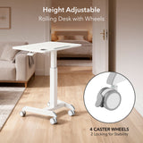 The Mount-It! Sit-Stand Mobile Laptop Cart, shown in a living room, features a white adjustable design with four caster wheels—two of which lock for stability. An inset highlights the locking wheel. Text above outlines this versatile workstation’s features.
