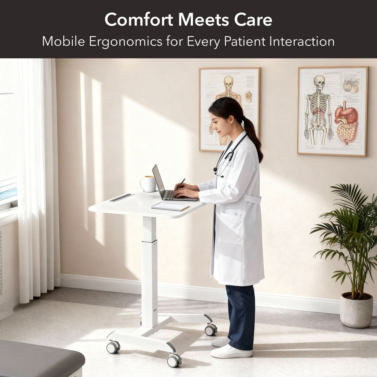 A female doctor in a white lab coat uses the Mount-It! Sit-Stand Mobile Laptop Cart in a bright medical office with anatomical posters and a plant. Text reads: Comfort Meets Care. Mobile Ergonomics for Every Patient Interaction.