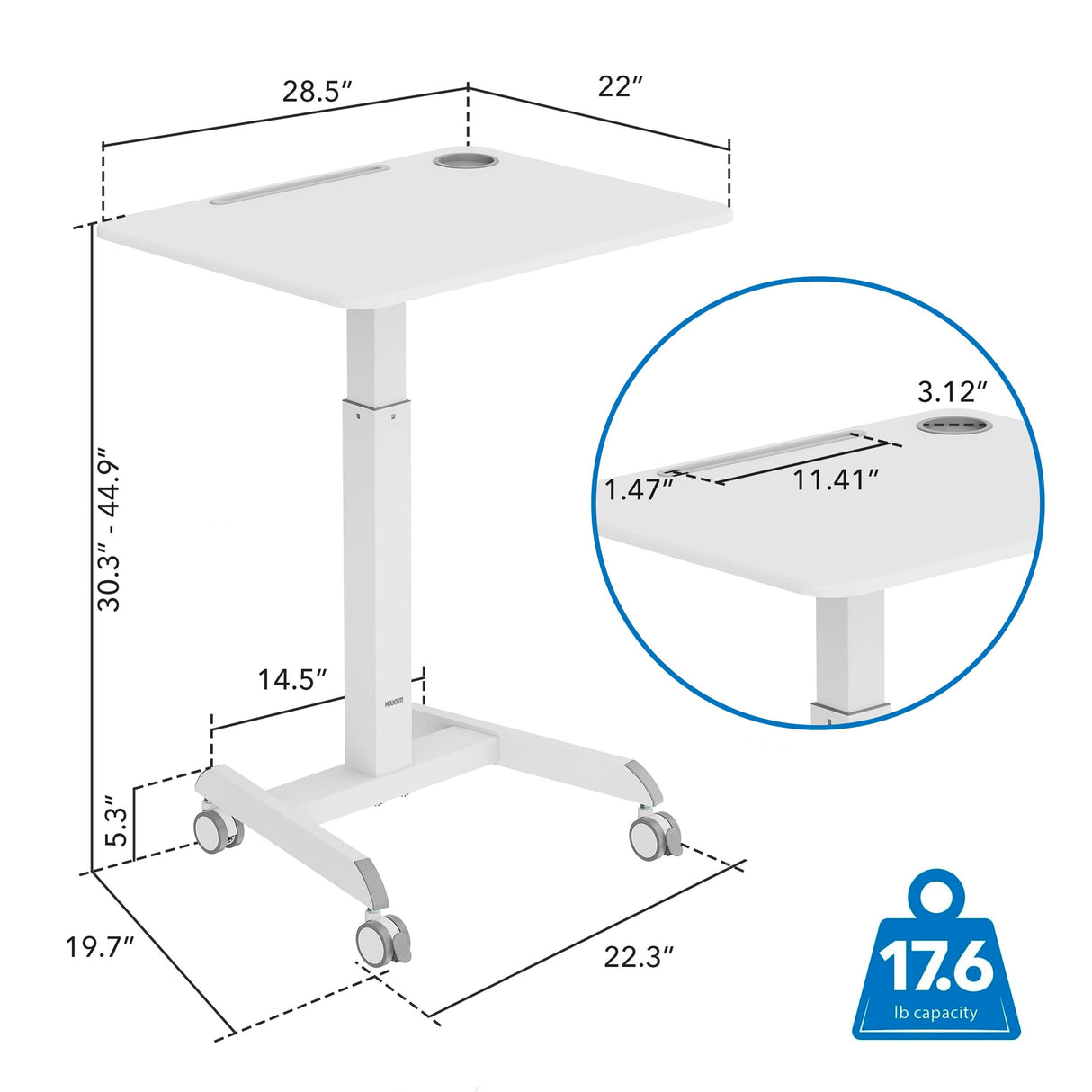The Mount-It! Sit-Stand Mobile Laptop Cart features adjustable height (30.3–44.9"), a 28.5" x 22" tabletop, and a 22.3" x 19.7" base with slot and cup holder—ideal as a mobile workstation, supporting up to 17.6 lbs.