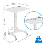 The Mount-It! Sit-Stand Mobile Laptop Cart features adjustable height (30.3–44.9"), a 28.5" x 22" tabletop, and a 22.3" x 19.7" base with slot and cup holder—ideal as a mobile workstation, supporting up to 17.6 lbs.