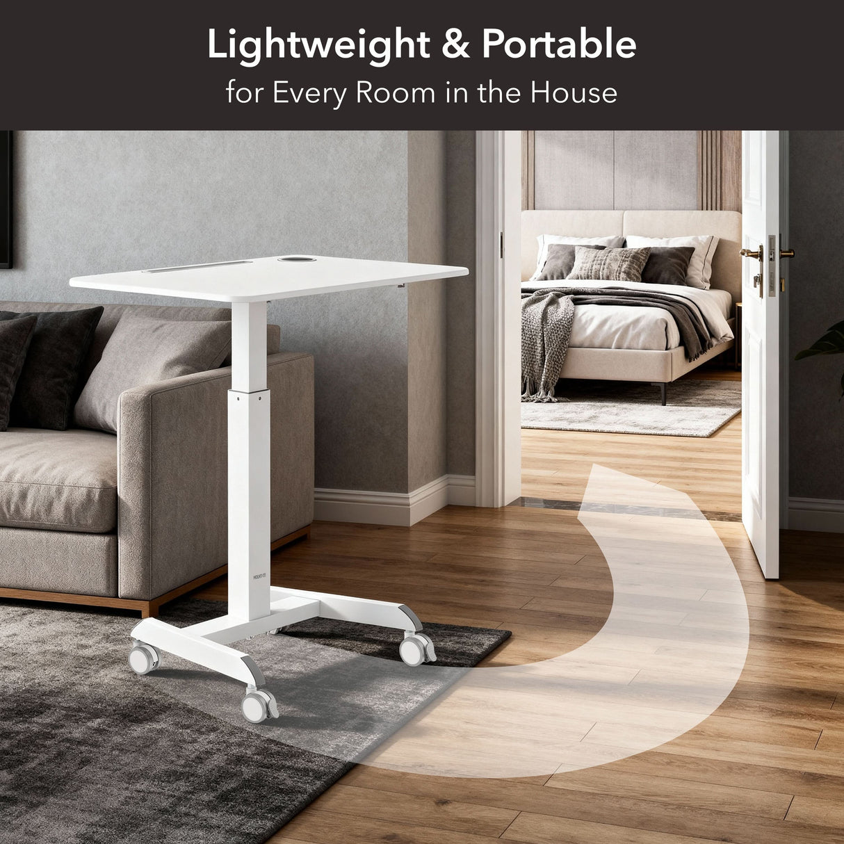 The Mount-It! Sit-Stand Mobile Laptop Cart is shown beside a gray couch, with an arrow highlighting its easy mobility to any room; text reads: Lightweight & Portable for Every Room in the House.