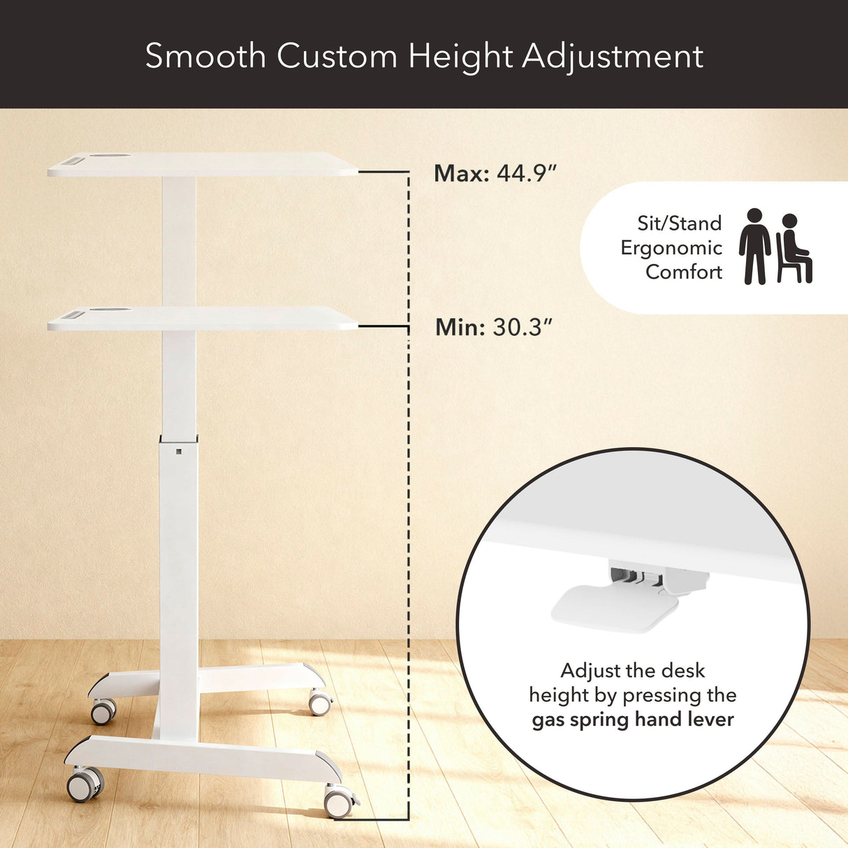 The Mount-It! Sit-Stand Mobile Laptop Cart is shown at its 44.9" max and 30.3" min heights as a mobile workstation. A detail inset highlights its gas spring lever for effortless adjustment and icons indicate sit/stand ergonomic comfort.