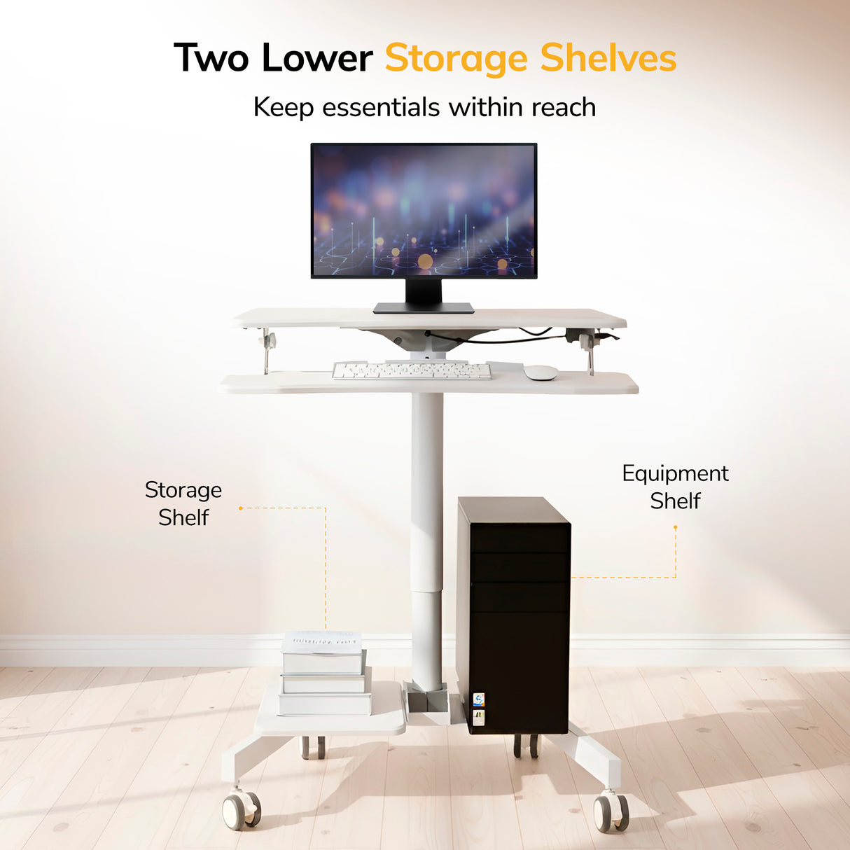 The Mount-It! Mobile Sit-Stand Computer Workstation is a white, height-adjustable desk on wheels with a computer monitor, an Equipment Shelf for a desktop tower, and a Storage Shelf, positioned against a light wall.