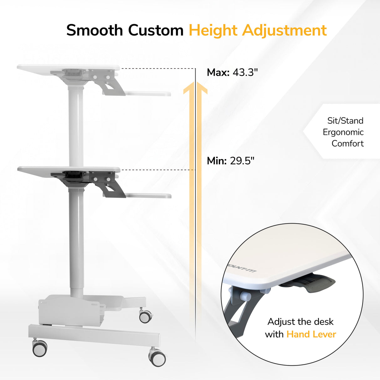 The Mount-It! Mobile Sit-Stand Computer Workstation with wheels is shown, offering height adjustment from 29.5 to 43.3 inches. An arrow illustrates the range, while a closeup displays the hand lever for easy adjustment.