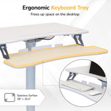 The Mount-It! Mobile Sit-Stand Computer Workstation features a spacious 28 x 10.2" white ergonomic tray for your monitor, keyboard, and mouse, freeing up desktop space and helping keep your workstation organized.