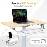 The Mount-It! Mobile Sit-Stand Computer Workstation features a spacious 28-inch height-adjustable desktop with a built-in device slot and lower shelf for your keyboard and mouse, creating an efficient workstation with storage.