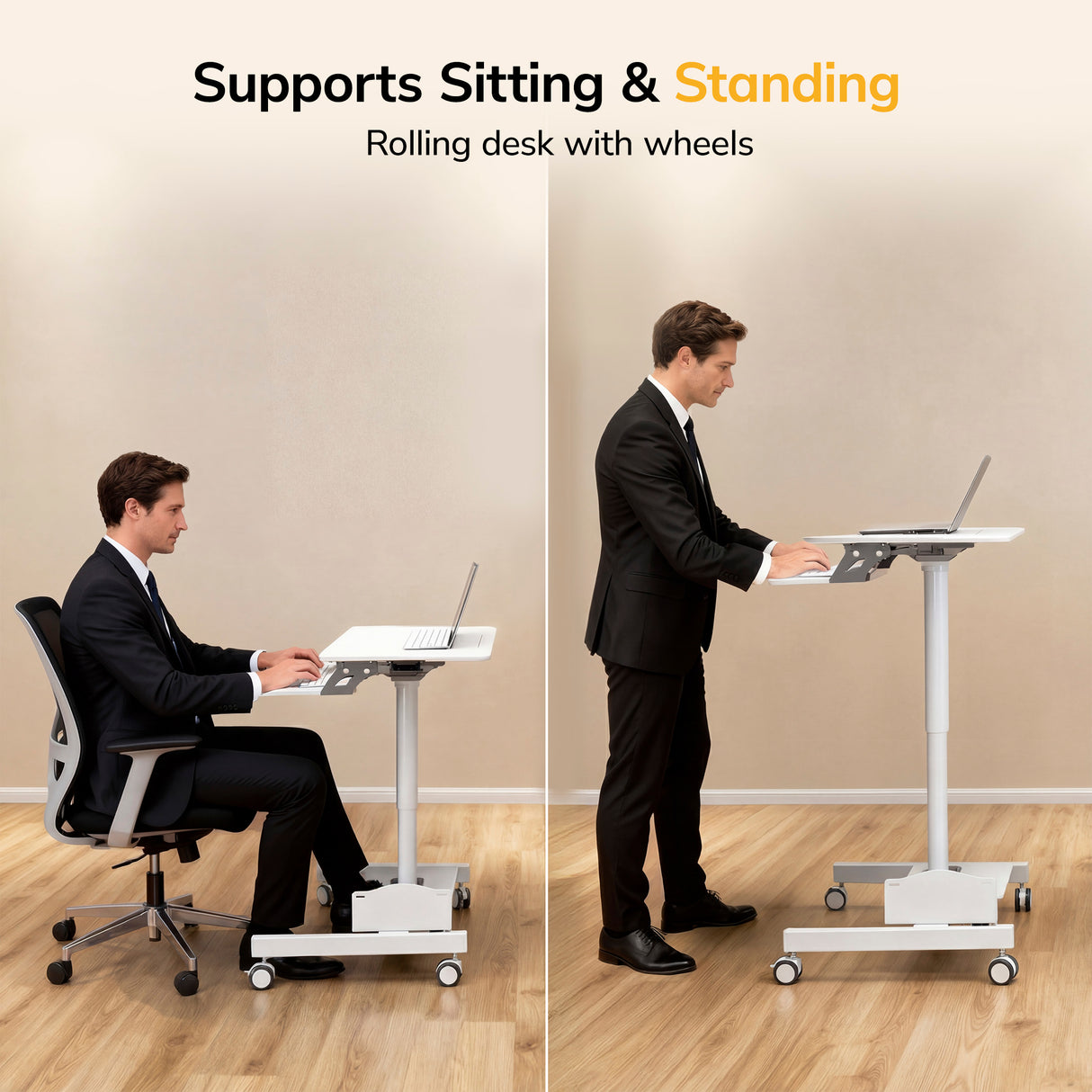 A man in a suit uses the Mount-It! Mobile Sit-Stand Computer Workstation with a laptop; on the left, he sits on an office chair, and on the right, he stands. Text above reads: Supports Sitting & Standing – Rolling desk with wheels.