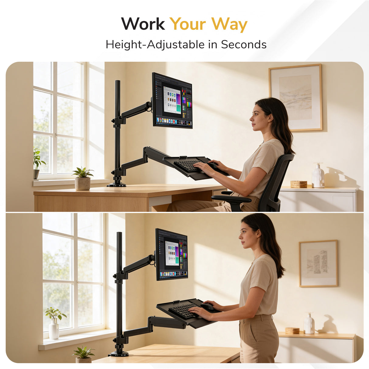 Single Monitor Sit-Stand Desk Mount with Keyboard Tray - Image 3 - Mount-It!