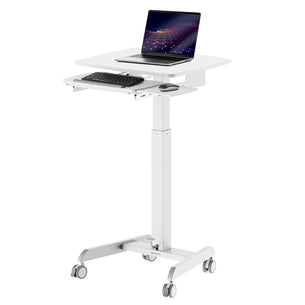 The Mount-It! Laptop Cart with Pull-Out Keyboard Tray is a white, adjustable-height mobile standing desk with caster wheels, offering an ergonomic workstation for your laptop and keyboard.