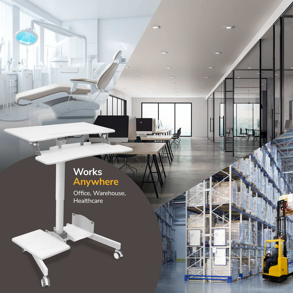 Collage of a dental clinic, modern office, and warehouse. In front: Mount-It! Mobile Sit-Stand Computer Workstation with wheels and storage. Text: Works Anywhere—Office, Warehouse, Healthcare.