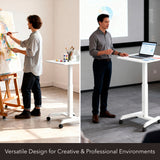 Split image: Left—a man paints at an easel next to the Mount-It! Height Adjustable Rolling Laptop Desk holding art supplies. Right—a man presents using the same desk as a sit-stand workstation in a modern office.