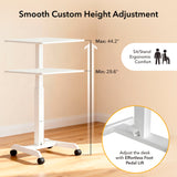 The Mount-It! Height Adjustable Rolling Laptop Desk is shown in a corner, labeled with a 29.6–44.2 inch height range. An inset displays its easy foot pedal for adjusting this ergonomic workstation’s height on wheels.