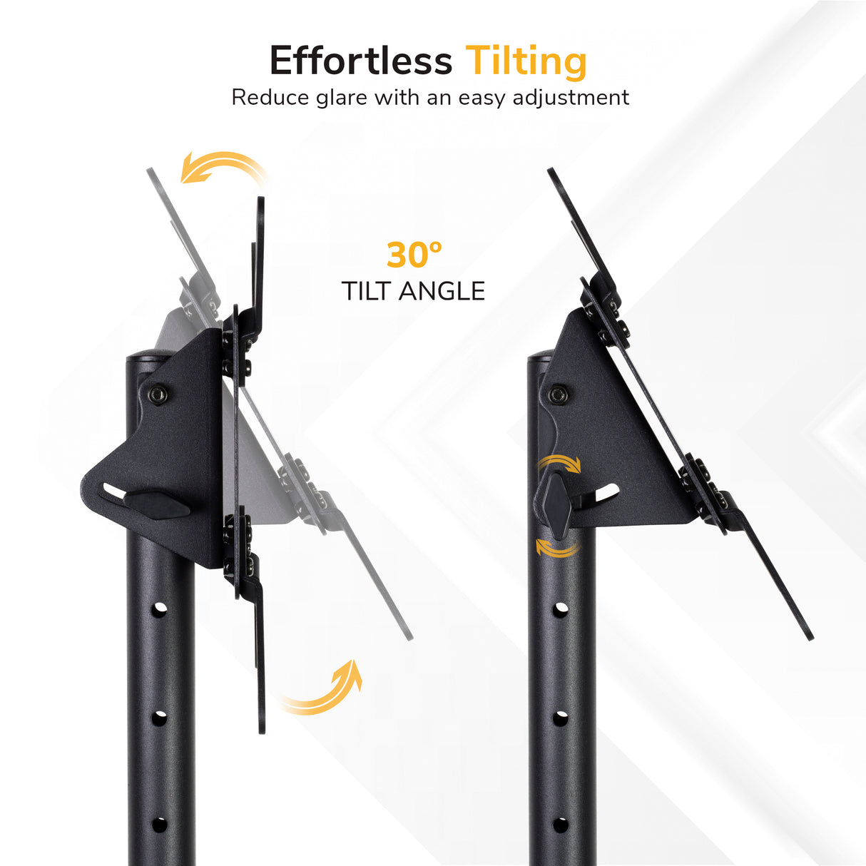 Two black monitor mounts on the Mount-It! Adjustable Mobile TV Stand are shown at different tilt angles, demonstrating a 30° tilt. Arrows illustrate the motion. Text: Effortless Tilting—Reduce glare with easy adjustment.