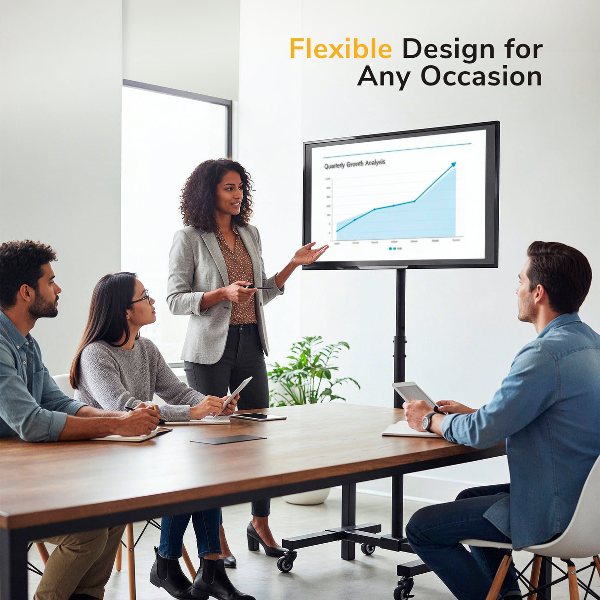 Four people are in a meeting room as a woman presents a graph on a screen mounted on the Mount-It! Adjustable Mobile TV Stand. The display shows “Flexible Design for Any Occasion” above a line chart while three colleagues watch.