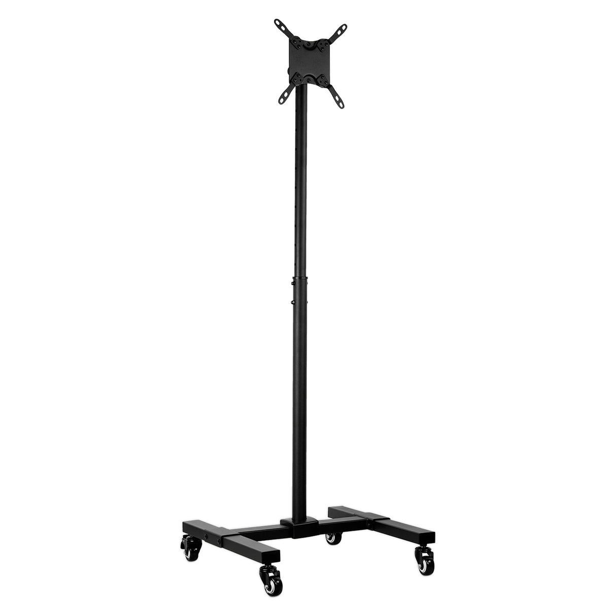 The Mount-It! Adjustable Mobile TV Stand features a black finish, height-adjustable vertical pole, top mounting bracket, and four locking casters for easy mobility.
