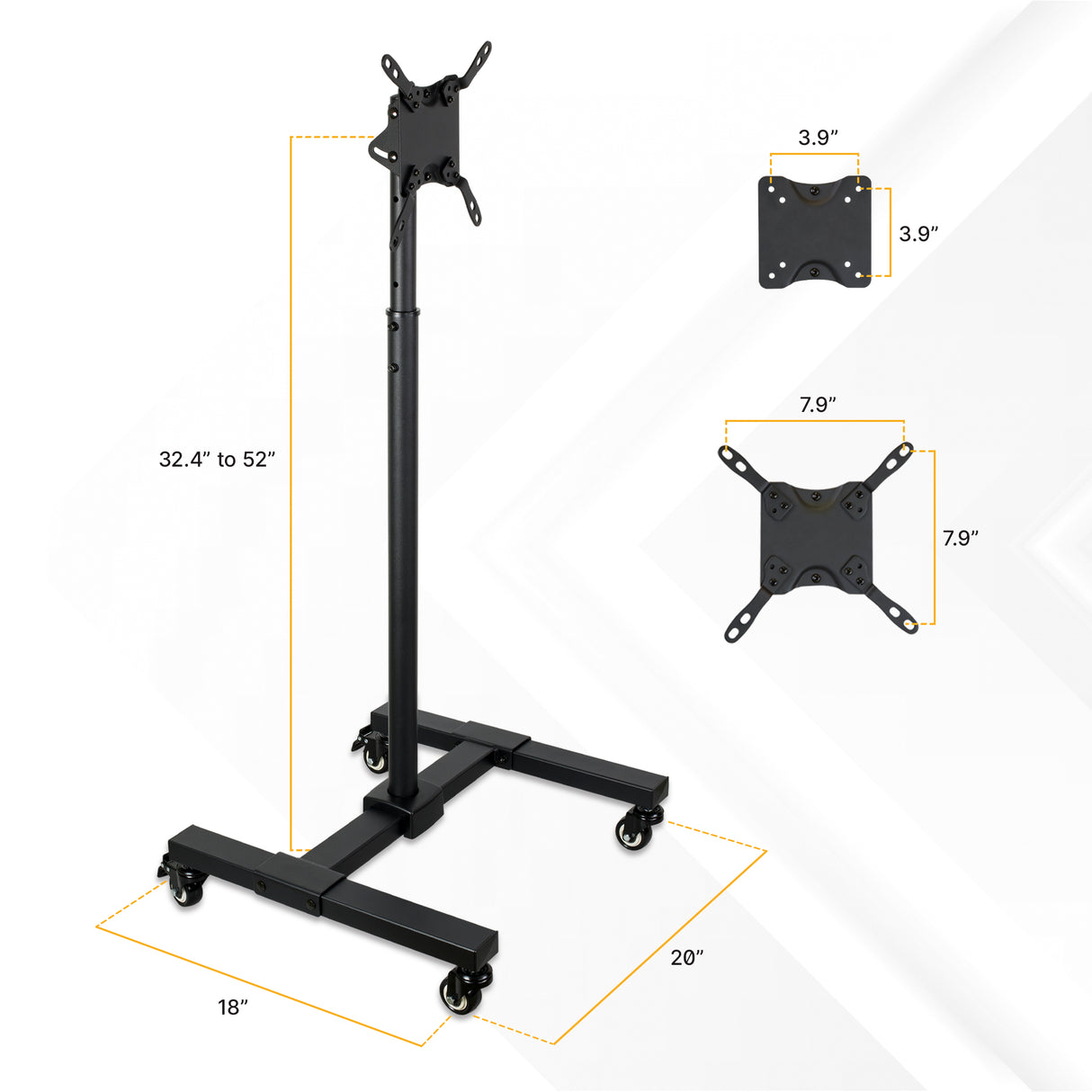 The Mount-It! Adjustable Mobile TV Stand features VESA 3.9"x3.9" or 7.9"x7.9" mount plate, base size 18"x20", four locking casters for mobility, and height adjustment from 32.4" to 52"—perfect for versatile setups.