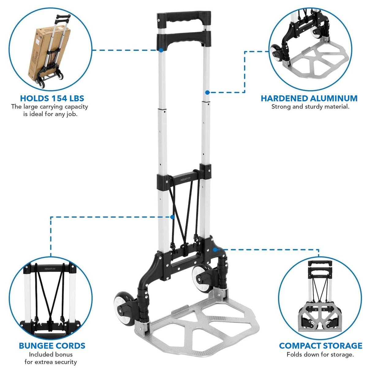 Folding Hand Truck/Luggage Cart by Mount-It! showing a lightweight, foldable design with a large platform for carrying heavy loads up to 154 lbs, constructed from hardened aluminum for durability, equipped with bungee cords for added security, and featuring compact fold-down storage for easy portability and convenience on various surfaces.