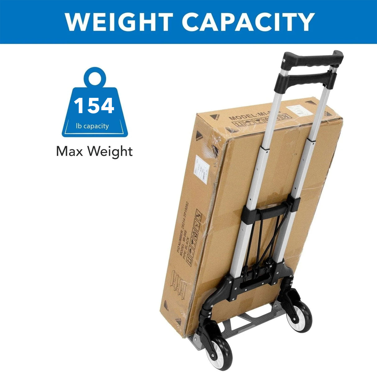 Folding Hand Truck/Luggage Cart with a sturdy frame, designed to carry heavy loads up to 154 pounds, shown supporting large cardboard boxes, featuring durable wheels for smooth rolling on various surfaces, ideal for home, office, travel, or shopping use, folds compactly for easy storage and transport.