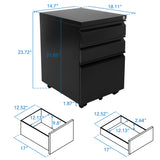 The Mount-It! Mobile File Cabinet with 3 Drawers in sleek black fits under most desks and measures 23.72" H x 14.7" W x 18.11" D, featuring easy-reference drawer diagrams with labeled dimensions at the bottom.