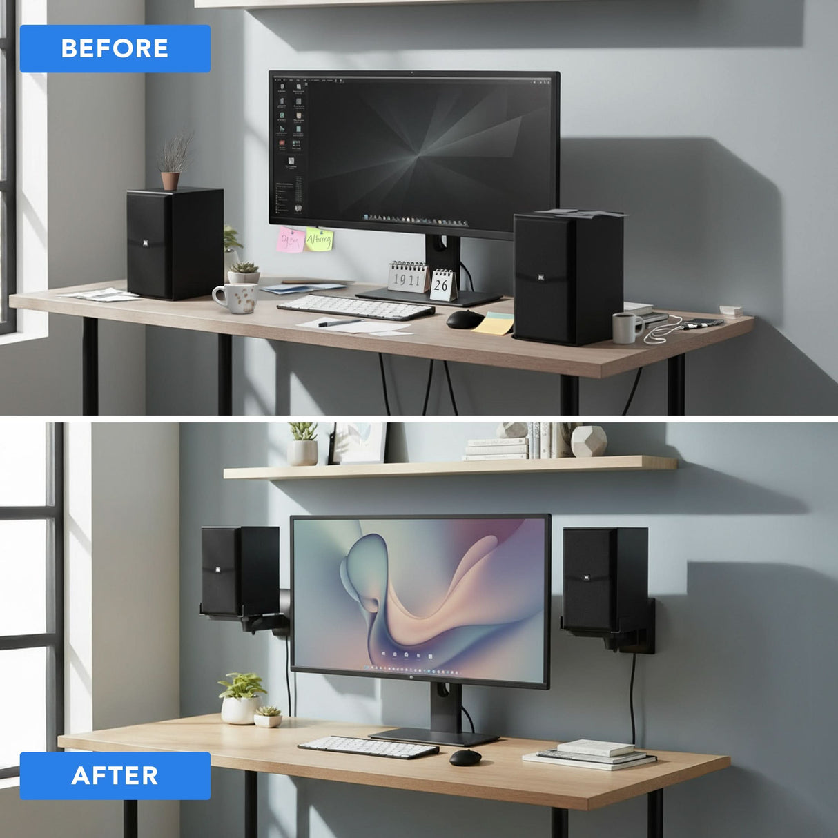 A split image shows a cluttered computer desk labeled "before" above, and a tidy desk labeled "after" below, featuring speakers neatly displayed with Mount-It! Speaker Wall Mounts w/ Sliding Clamps in the after scene.