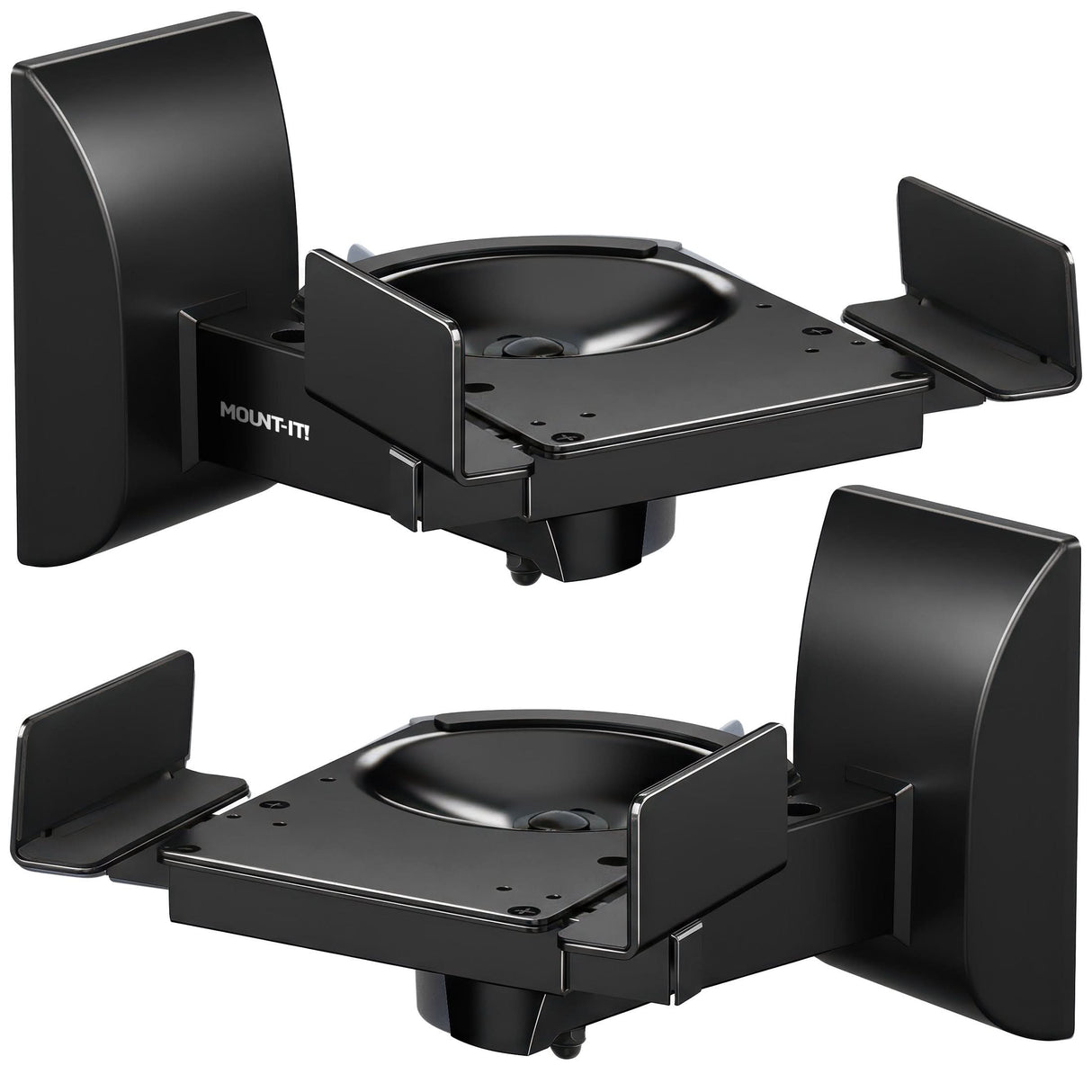 Pair of Mount-It! Speaker Wall Mounts w/ Sliding Clamps in black, shown angled. Each heavy-duty bracket features secure side and front clamps, with the “Mount-It!” logo visible on one side.