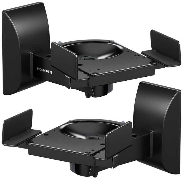 Pair of Mount-It! Speaker Wall Mounts w/ Sliding Clamps in black, shown angled. Each heavy-duty bracket features secure side and front clamps, with the “Mount-It!” logo visible on one side.