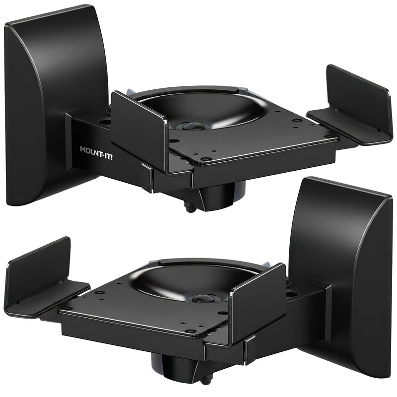 Pair of Mount-It! Speaker Wall Mounts w/ Sliding Clamps in black, shown angled. Each heavy-duty bracket features secure side and front clamps, with the “Mount-It!” logo visible on one side.
