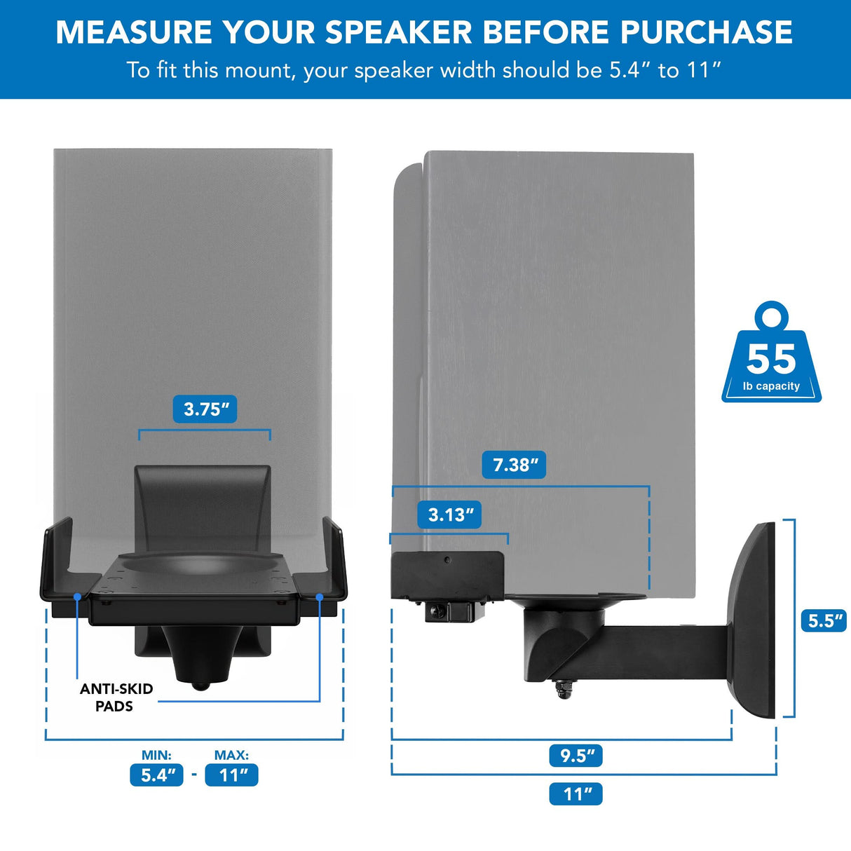 Diagram displays two Mount-It! Speaker Wall Mounts w/ Sliding Clamps (pair), fitting speakers with base width 3.75–7.38 in, length 5.4–11 in, height 5.5 in, and weight up to 55 lbs. Measure your speaker before purchase.