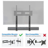 Universal Soundbar Mount Brackets for TV and Wall Installation showing soundbar mounted on vertical VESA style brackets attached to TV with clear labels indicating compatibility with vertical VESA mounts only and non-compatibility with plate style mounting systems, demonstrating proper use for optimal soundbar placement and integration.