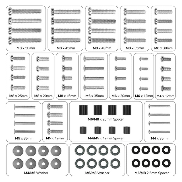 The Mount-It! TV Hardware Kit features a labeled diagram of assorted M8, M6, and M5 screws (12mm–50mm), round washers, and spacers in various sizes—perfect for universal TV mounting.