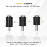 Three black spacers with silver screws, labeled 25mm, 22.5mm, and 20mm, show the Mount-It! TV Hardware Kit’s adjustable screw lengths for flexible M6/M8 fitting in universal TV mounting applications.